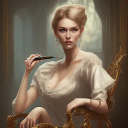 painting of an elegant lady sitting on a chair, smoking, beautiful woman perfect face, blue eyes, sharp focus, highly detailed