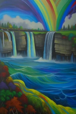 Rainbow over Niagara Falls Rapids; Acrylic Paint; Neo-Impressionism; symbolism; contemporary; Van Gogh; Hundertwasser; Giger