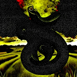 Oddball horror, color glitchy photograph featuring dark negative space, TEXT "SARDONIC HARMONY", creeping nihilism, segmented illustrative sectioning, anthropomorphic shambling feathery snake creature with a featureless black round head with a white spiral pattern, comet with a fiery vapor train hurtling to earth, foreboding, background a surreal field, 'Beetlejuice' style aesthetic