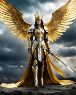 Length image An photography epic and realistic photography full body image of, a beautiful queen, a film character with large white wings, holding a shining golden sword, wearing colors mechanical Warcraft armor with gold details,luxury booth shoes, against a background of a cloudy sky with sunlight breaking through the darkness clouds,thunderstorm, in a stand dramatic pose, looking like a hero ready for an epic adventure.