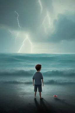 young boy looking out to sea, old man dead in background, dark clouds overhead, lightning, shopping trolley on side, dusk