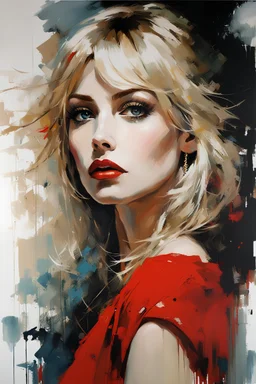 Blonde Pale Thin well endowed Scandinavian Woman 24yo, Big Eyes, red lipstick, Long Eyelashes And Eye Shadow :: by Robert McGinnis + Jeremy Mann + Carne Griffiths + Leonid Afremov, black canvas, clear outlining, detailed