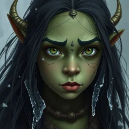 A digital illustration shoot from a portrait camera angle of an orc girl with dull green skin, she is an 9 year old orcish child and has long black hair, Fantasy, ice