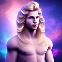 smiling beautifull long hair blond man face with cristal diamond on the forehead , cosmic armor and cosmic purple and blue sky behind