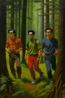 1970's dark fantasy cover dnd style oil painting of seinfeld in the woods in sport outfits with minimalist far perspective.