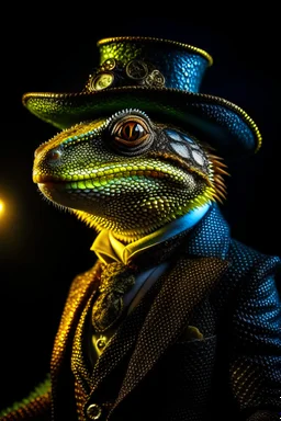 Portrait of a lizard wearing a steampunk suit by the moonlight