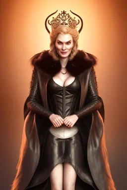 Cersei Lannister as evil queen in black leather and fur, busty, cleavage, curvy, lena headay, angry, stern look. character design by cory loftis, fenghua zhong, ryohei hase, ismail inceoglu and ruan jia. unreal engine 5, artistic lighting, highly detailed, photorealistic, fantasy