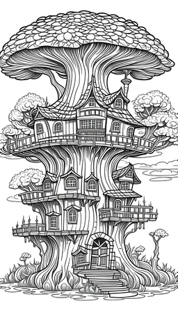 outline art for square twisted mushroom castle old oak tree coloring page for kids, classic manga style, anime style, realistic modern cartoon style, white background, sketch style, only use outline, clean line art, no shadows, clear and well outlined