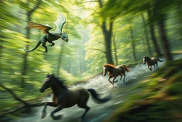 oil painting ,motion blur portrait of harpy - Forgotten Realms dodging tiny green dragon above water and along winding branches in lush green forest along speeding horses , bokeh like f/0.8, tilt-shift lens 8k, high detail, smooth render, down-light, unreal engine, prize winning