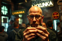 man looking like "Walter White" in breaking bad tv show, bald and goatee glasses, holding condoms in a crowdy slum bar, smoke and light from windows. a sign with the word "LYXRUNKA" on the wall