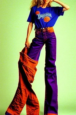 year 1996 denim fashion. Loose fit, low waist, baggy. Combat pants and t-shirt. Colors: denim blue, blue, purple, khaki, light green, lilac, plum, orange, terracotta, red, pink, dark blue, beige. Patterns: cheetah, balls, stripes. Women models. Sharon Stone, Sandra Bullock, Winona Ryder, Milla Jovovich, Big tennis shoes on. Latex in small part, areas, clothes..Combat pants. Leg warmers.