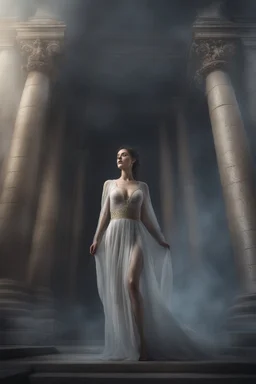 transparent woman made of fog I a roman temple. full body shot. fantasy setting, Cinematic lighting, Volumetric lighting, Epic composition, Photorealism, Very high detail, Character design, Unreal Engine, Octane render, HDR, Subsurface scattering, fantasy art,