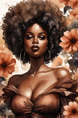 Create a watercolor painting art image of a curvy black female wearing a brown off the shoulder blouse, and she is looking down with Prominent makeup. Highly detailed tightly curly black afro. Background of large brown and black flowers surrounding her