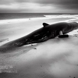 photograph of beautiful sperm whale washed up on shore, lifeless, debris, foamy wave, sand, rock, 8k resolution, high-quality, fine-detail, detailed matte, photography, illustration, digital art, Jeanloup Sieff, Moe Zoyari, Marc Adamus, Ann Prochilo, Romain Veillon