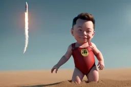 Elon musk as a baby building a Very tall rocket out of sand on the beach. He is wearing a polkadot swimsuit