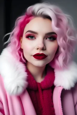 A woman with white skin, that is wearing a pigiama with a fluffy pink jacket, purple jeans, red lipstick, and a melt makeup