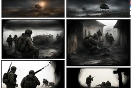 Masterpiece1:5)(Fineart), (award-winning:1.5), highest quality, (ultra realism:1.5) war journalism(,(by Tim Page and Hoorst Faas:1.5))(photorealistic:1.8),RAW pictures (Eastern Ukraine:(panel one:the moment after a battle ends, horrors of war, wounded men),(2nd panel, cinematic shot of men sitting in trench with 1000 yard stare (focus on their eyes:1.5)),(the third panel shows troops tired but hyper alert), (the fourth panel shows the sky is filled with incessant, fire and smoke,)