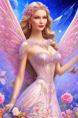 Magnifique woman, lady fairy, facing happy, voluptuous white, pink enchanted flowers, wings magic, long big dress, pink outerspace stars planets, Beautyful smiling, young woman, long hair amazing blue eyes, flowers, happy cosmic, bright colors, blue, pink, gold, jewels, realistic, photo real, clear sunny background, highly detailed, high contrast, 8k high definition, unreal engine 5, extremely sharp detail, light effect, sunny light background