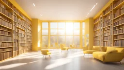 Modern yellow library interior with sunlight. Decor and desing concept. 3D Rendering