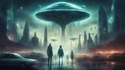 A captivating depiction in digital form, showcasing a plethora of extraordinary extraterrestrial creatures thriving within a surreal and lively ghosts realm. This imaginative artwork embodies the essence of science fiction, presenting a medium shot composition with fantastical beings that are unique, belonging to a world beyond our own. A modern city out of this world enhanced by atmospheric lighting, and breathtaking landscapes.