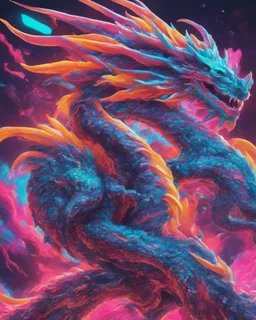 Close up shot, Dragon in a vibrant synthwave dreamscape, neon chaos swirling energetically around pixelated forms, a dynamic fusion of retro gaming nostalgia and futuristic abstraction