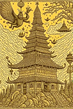 baba yaga flying in stupa, crazy detailed illustration in old school