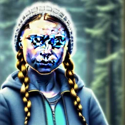  Greta Thunberg Portrait, hdr, très réaliste , très intriqué, très détaillé , très précis 16k, angle parfait, figure de cinéma, arrière plan d'une gare de chemin de fer, octane effect, rendering 3d, unreal engine, cinema 4d