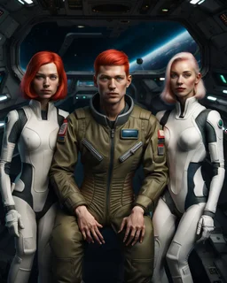 Photorealistic image of a young man in a flight suit with two tall, slender female androids in one-piece suits, one with red hair and one with white hair, standing on the bridge of a spaceship.