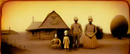 A sepia photograph from 1888, of a family posed in front of their farmhouse, with a short extra-terrestrial alien orange included as a family member bizarre by natalia shau