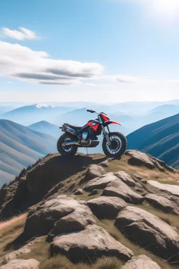 a motorcycle on top of a mountain peak in spring season