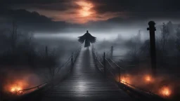 walking straight ahead over a wooden bridge, holding the angel of death with your right hand, entering the fog at the end of the road that leads to the afterlife, and a beautiful sunset and galaxy's behind the fog, realistic