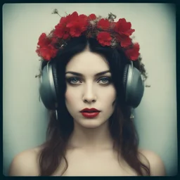 Grunge Polaroid head shot of doll, monica bellucci, nude pouty bee stung lips, red nose, hair adorned with tiny flowers, red cheeks and nose, headphone