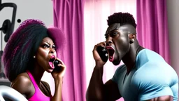 black lady yells at the phone while her boyfriend sits at home working out