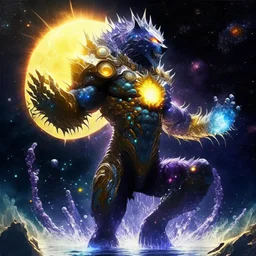 A terrifying creature combining water and sun with the powers of a werewolf and Dracula A battle suit made of galaxies and stars with a glove that has seven endless stones with Infinity Gauntlet