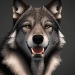 Ultra realistic cg rendering of Jet black wolf with gold eyes and saliva dripping from canine teeth