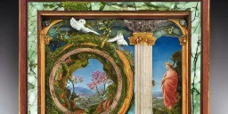 Marble Roman Lararium with gods painted in fresco, framed in ancient marble; around it entangled ivy, entangled moss, entangled multicolored flowers, birds, luscious green tiny reptiles, by "artist Edward Robert Hughes"; intricately detailed, analogous colors, pre-raphaelitism, regal, oil on canvas, sharp focus, meticulous, ominous, mysterious