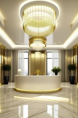 grand luxurious tower reception lobby with little white and gold modern interior theme