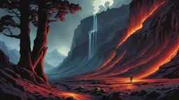 The Valley of shadow. a rift in the cliffs full of burning lava. intensely hot. dark fantasy, Mark Brooks and Dan Mumford, comic book art, perfect, smooth