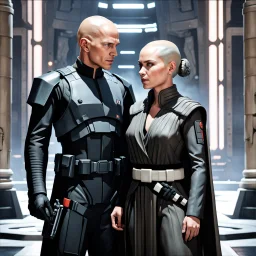 a bold and heroic bald male Corellian pilot in black and grey First Order special forces gear meets a female Jedi Master in ancient, mystical temple, hyperdetailed, dynamic lighting, hyperdetailed background, 8k resolution, volumetric lighting, light skin, fully symmetric details