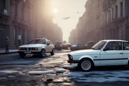 a 1990 bmw 2-door 4k ,ultra realistic,concept, 4k ,on street, parked in crowded city winter