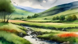 "using the rule of thirds create a beautiful Irish landscape watercolour painting"
