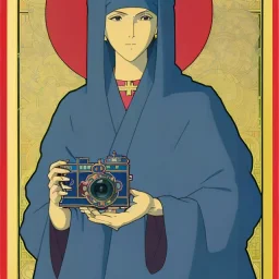 patron of photographers. holding a camera in hands. orthodox icon with saint photographer. Cyrillic inscriptions. hyperdetailed, Alphonse Mucha, Zdzisław Beksiński, poster, illustration, ink, oil on canvas, 18th century atlas