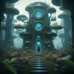 Scene from a modern fantasy movie featuring the "Garden of Practicality", the Clockwork Forest Realm of Ix Chel, Cyberpunk style.