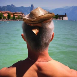 Man from behind is watching on tbe Lake Garda in Italy