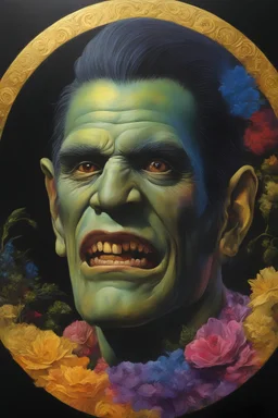 Frankenstein monster's face inside a gold circle, multicolored, large, Floral/rainbow designs, atmospheric, beautiful, bright, vibrant colors, pitch-black background, oil painting by Boris Vallejo, 4k UHD, Photorealistic, professional quality