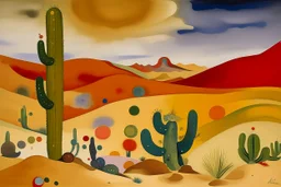 A tan sandy desert with cactuses painted by Wassily Kandinsky