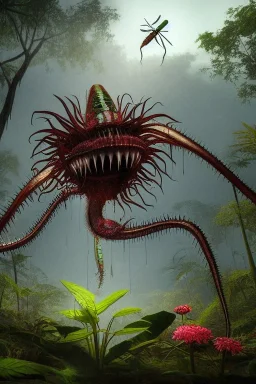 large venus fly trap with teeth eating a dragonfly, flowers, jungle, hyperrealistic, trees in background, digital art, alien like, disgusting, intricate, morbid, rainy, sinister, volumetric lighting, unreal engine, high resolution, 8k, depressing colors, dark colors, horror, horrific,