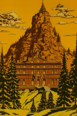 A brown palace on a mountain painted by Andy Warhol