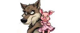 wolf carrying a lovely scared wtf are you up to, pig girl with dress under his arms , stupid cartoon, airbrush and pen outline