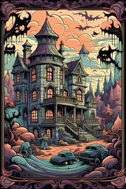 A haunted mansion with ghosts floating around, masterpiece, colored page, smooth curves, crisp shape.